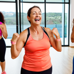 **Prompt:** A woman in her 40s confidently participating in a Zumba class, laughing with friends, wearing discreet incontinence pads, showcasing active lifestyle with urinary incontinence management. Background: Bright, modern fitness studio in Portugal.