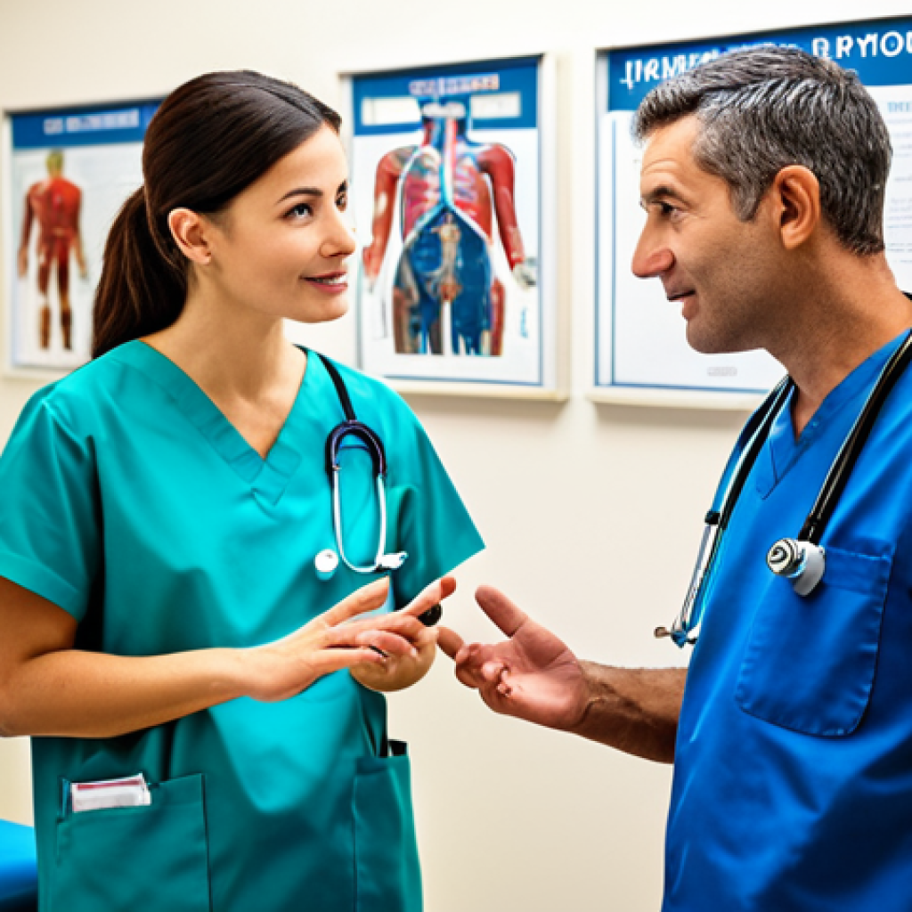 **

A professional doctor, fully clothed in scrubs, is explaining something to a patient in a brightly lit, modern clinic. The patient is also fully clothed and appears engaged and comfortable. Background includes medical equipment and informational posters. Perfect anatomy, correct proportions, well-formed hands, proper finger count, natural pose, professional, appropriate attire, safe for work, family-friendly.

**