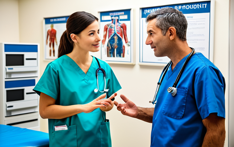 **
A professional doctor, fully clothed in scrubs, is explaining something to a patient in a brightly lit, modern clinic. The patient is also fully clothed and appears engaged and comfortable. Background includes medical equipment and informational posters. Perfect anatomy, correct proportions, well-formed hands, proper finger count, natural pose, professional, appropriate attire, safe for work, family-friendly.
**