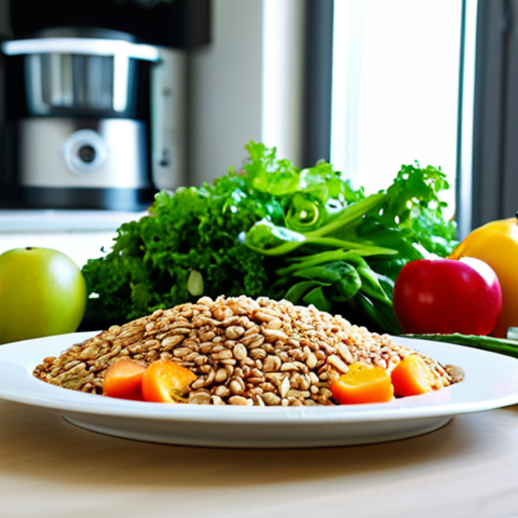 Diet & Bladder Health**
"A colorful and nutritious meal on a table, featuring water, whole grains, fruits, and vegetables, arranged in an appealing way. The scene suggests a healthy lifestyle choice for bladder health. Background includes a bright, airy kitchen. safe for work, appropriate content, fully clothed (no people present), professional, modest, family-friendly, perfect anatomy (food items only), natural proportions, high-quality food photography."
**