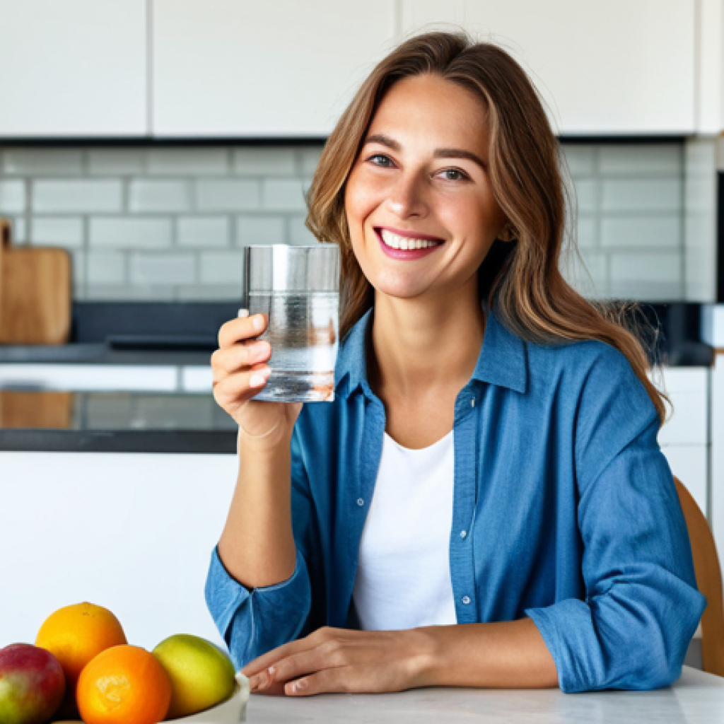 Hydration and Health**
"A woman holding a glass of water, smiling, in a brightly lit kitchen, fully clothed in casual attire, next to a table with fresh fruits, emphasizing a healthy lifestyle, safe for work, appropriate content, perfect anatomy, natural pose, professional, high quality."
**