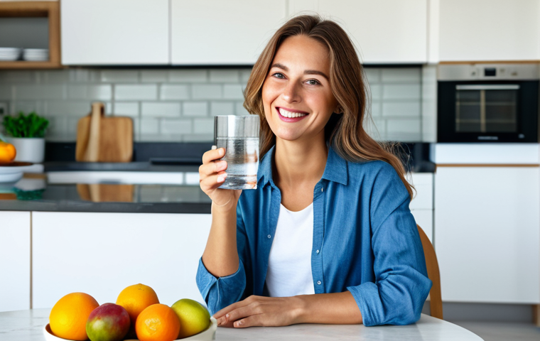 Hydration and Health**

"A woman holding a glass of water, smiling, in a brightly lit kitchen, fully clothed in casual attire, next to a table with fresh fruits, emphasizing a healthy lifestyle, safe for work, appropriate content, perfect anatomy, natural pose, professional, high quality."

**