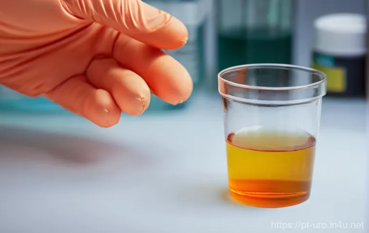 소변색으로 알 수 있는 건강 상태 - **Prompt for Dehydration Warning:**
    "A clear, close-up shot of a transparent glass holding urine...