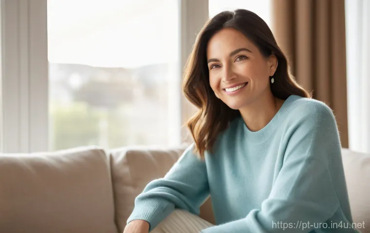 요로결석을 위한 체외충격파 쇄석술 후기 - **Prompt: A serene woman in her late 30s to early 40s sits comfortably in a sunlit, modern living ro...
