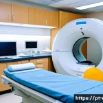 Home 20 방광암 검진을 위한 CT와 MRI 비교 - A modern medical imaging room with a middle-aged Brazilian male patient lying on a CT scanner table,...