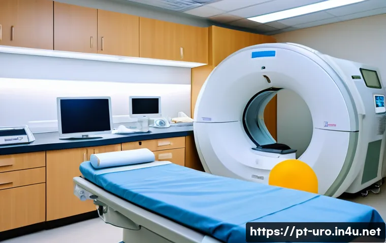 방광암 검진을 위한 CT와 MRI 비교 - A modern medical imaging room with a middle-aged Brazilian male patient lying on a CT scanner table,...