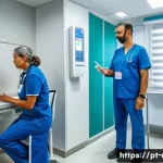 Home 19 비뇨기과에서 시행하는 배뇨 검사 - A modern medical clinic room showing a middle-aged Brazilian man undergoing uroflowmetry test, comfo...