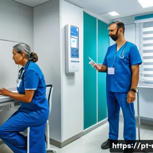 Home 31 비뇨기과에서 시행하는 배뇨 검사 - A modern medical clinic room showing a middle-aged Brazilian man undergoing uroflowmetry test, comfo...