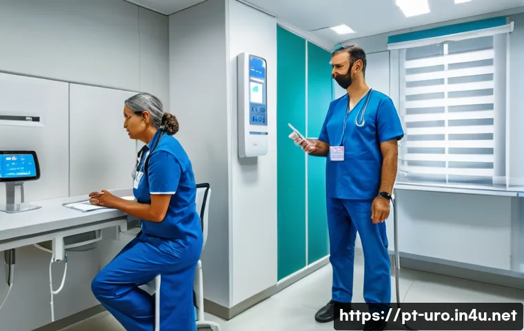 비뇨기과에서 시행하는 배뇨 검사 - A modern medical clinic room showing a middle-aged Brazilian man undergoing uroflowmetry test, comfo...