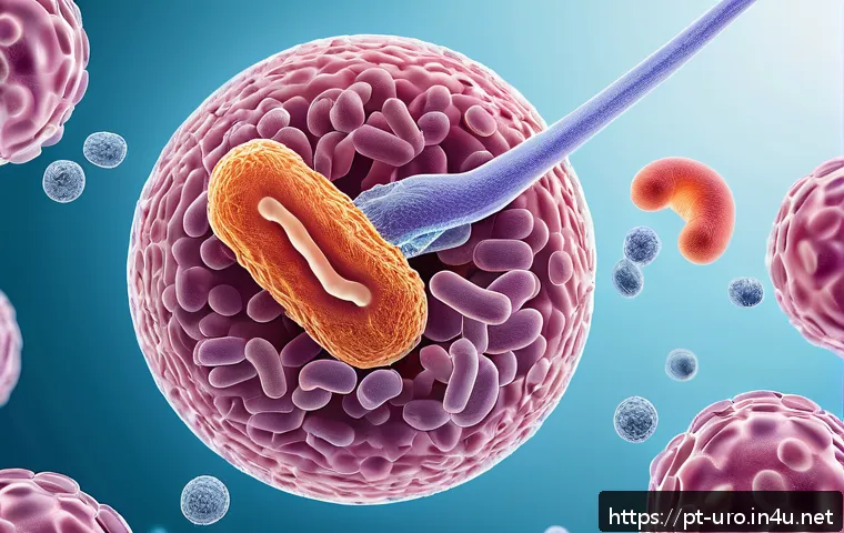 요로감염 예방을 위한 유산균 추천 - A detailed scientific illustration showing the interaction of probiotics in the female urinary tract...
