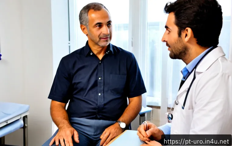 Home 17 전립선염 증상과 완화 방법 - Photorealistic health consultation scene in a modern Portuguese clinic, middle-aged man fully clothe...